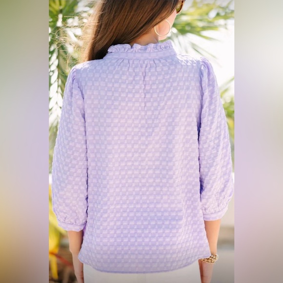 Lilac 3/4 Sleeve Shirt | Textured Knit | Ruffled V-Neck - Picture 5 of 8